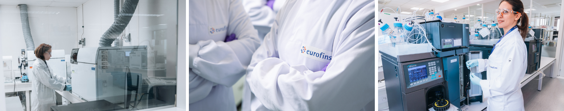 Three images of scientists working in a laboratory. The first image shows a scientist operating ICP-MS equipment. The second image is a close-up of scientists' arms crossed, wearing lab coats with the "Eurofins" logo. The third image shows a scientist using a HPLC analytical instrument.